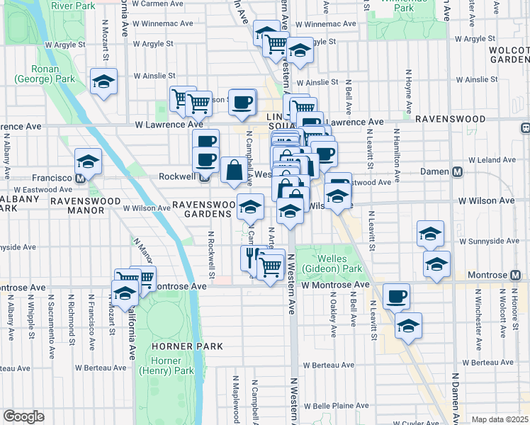 map of restaurants, bars, coffee shops, grocery stores, and more near 4531 North Artesian Avenue in Chicago