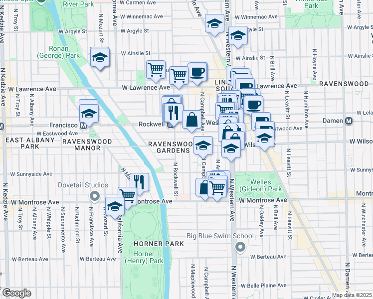 map of restaurants, bars, coffee shops, grocery stores, and more near 4526 North Maplewood Avenue in Chicago