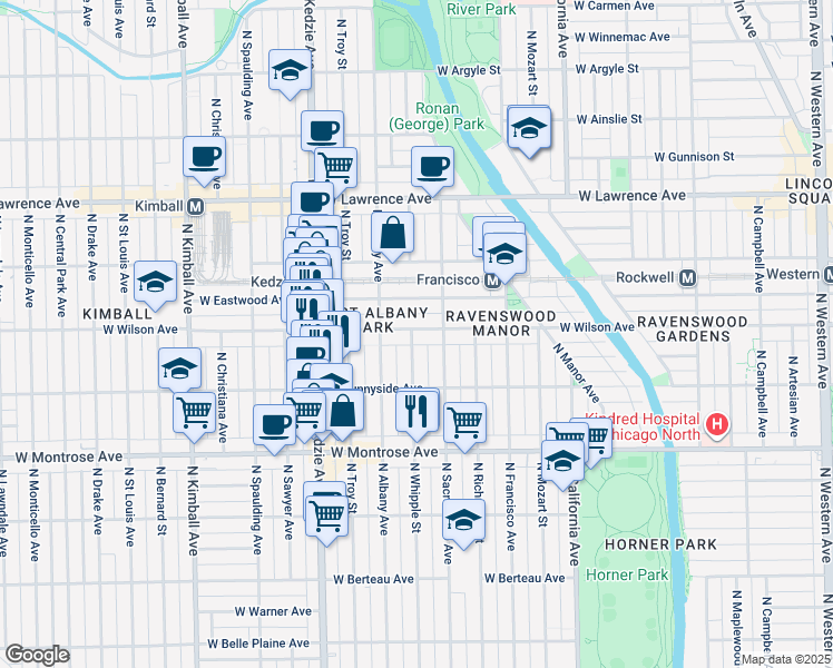 map of restaurants, bars, coffee shops, grocery stores, and more near 4532 North Whipple Street in Chicago