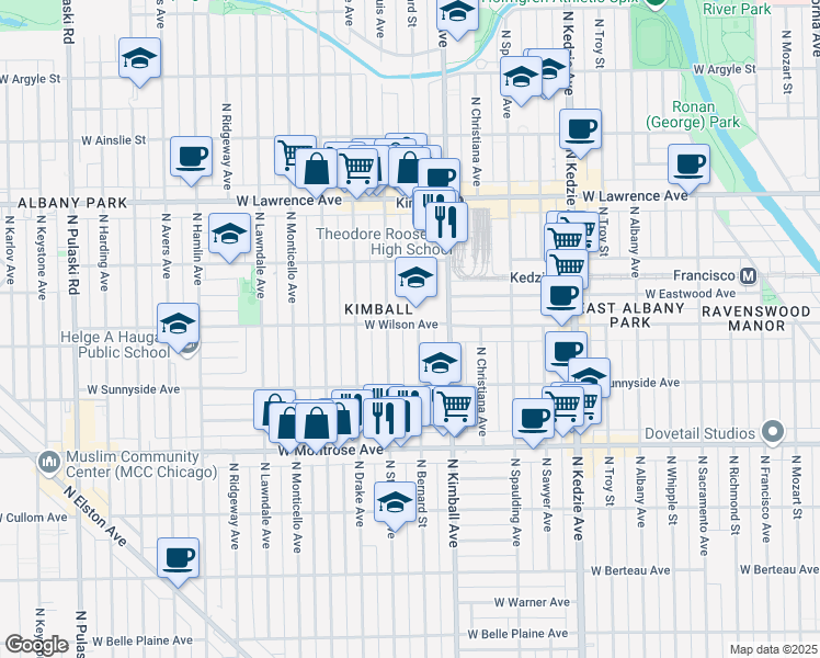 map of restaurants, bars, coffee shops, grocery stores, and more near 4535 North Saint Louis Avenue in Chicago