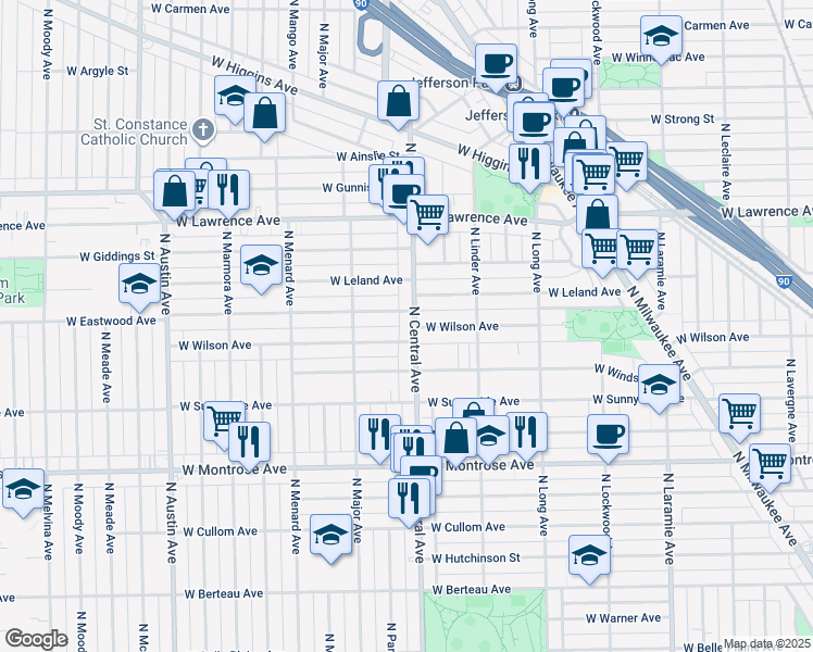 map of restaurants, bars, coffee shops, grocery stores, and more near 5613 West Wilson Avenue in Chicago