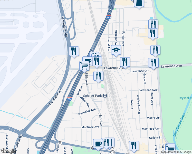 map of restaurants, bars, coffee shops, grocery stores, and more near 9800 Leland Avenue in Schiller Park