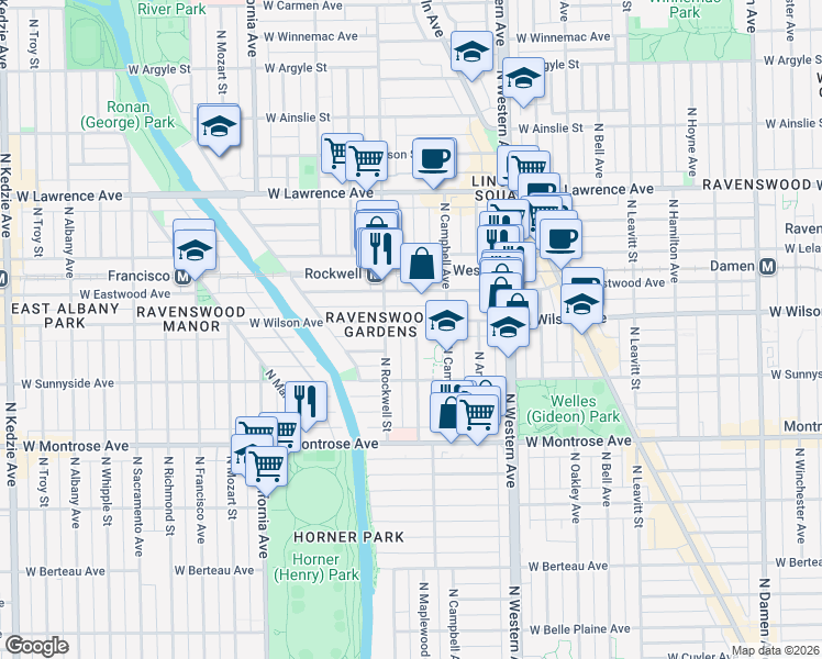 map of restaurants, bars, coffee shops, grocery stores, and more near 4526 North Maplewood Avenue in Chicago
