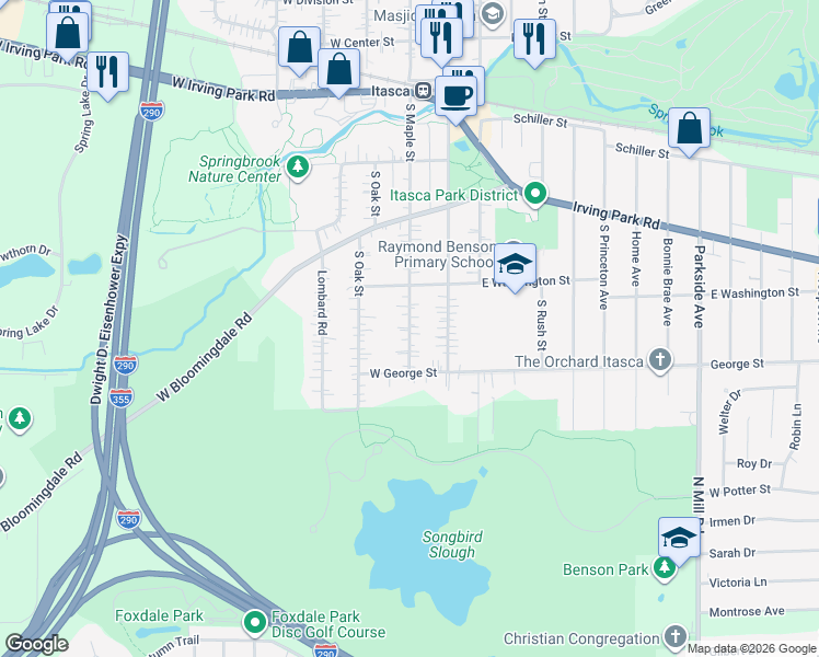 map of restaurants, bars, coffee shops, grocery stores, and more near 449 South Maple Street in Itasca