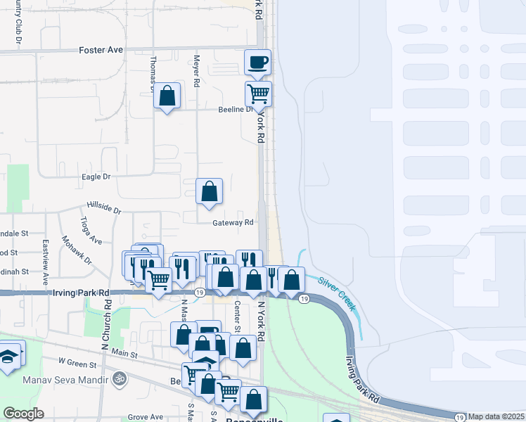 map of restaurants, bars, coffee shops, grocery stores, and more near North York Road in Bensenville