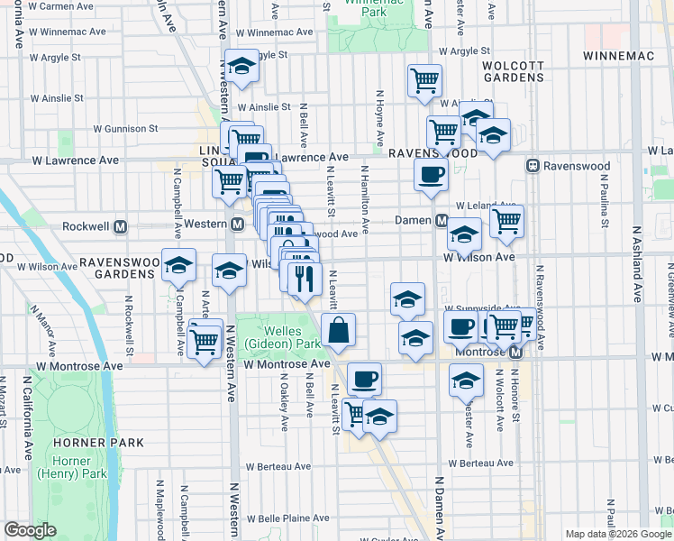 map of restaurants, bars, coffee shops, grocery stores, and more near 4522 North Leavitt Street in Chicago