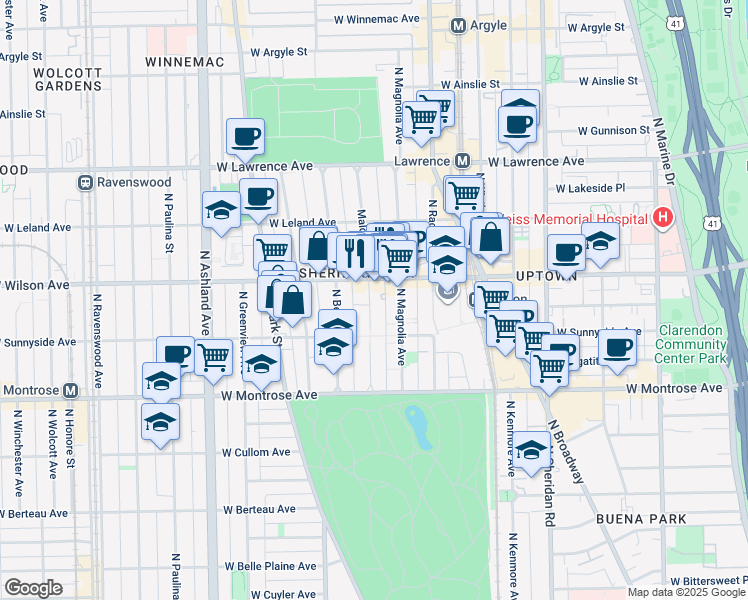 map of restaurants, bars, coffee shops, grocery stores, and more near 4510 North Magnolia Avenue in Chicago