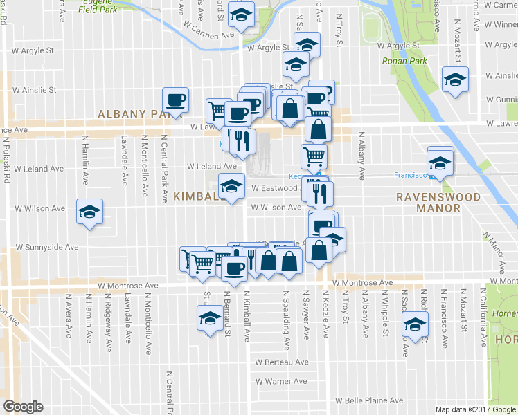 map of restaurants, bars, coffee shops, grocery stores, and more near 3337 West Wilson Avenue in Chicago
