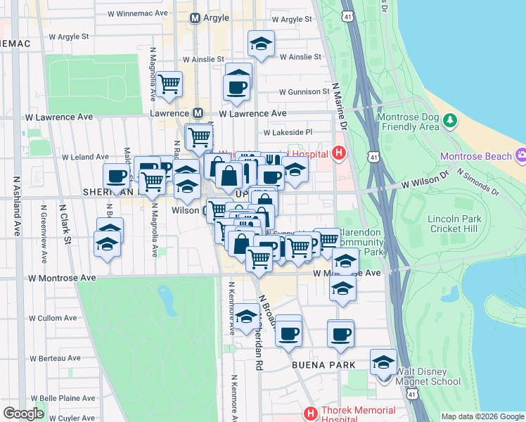 map of restaurants, bars, coffee shops, grocery stores, and more near 936 West Sunnyside Avenue in Chicago