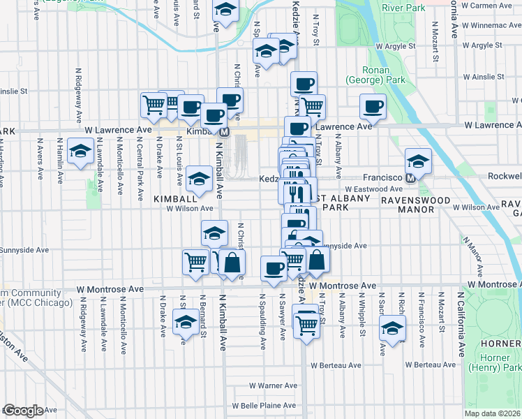 map of restaurants, bars, coffee shops, grocery stores, and more near 4598 North Spaulding Avenue in Chicago