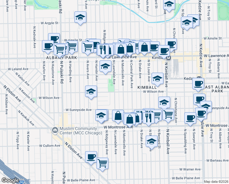 map of restaurants, bars, coffee shops, grocery stores, and more near West Wilson Avenue & North Lawndale Avenue in Chicago