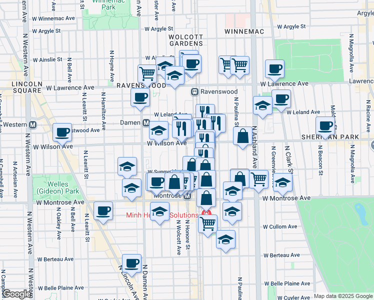 map of restaurants, bars, coffee shops, grocery stores, and more near 4510 North Ravenswood Avenue in Chicago