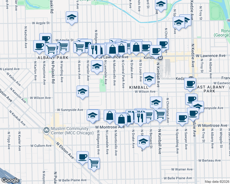 map of restaurants, bars, coffee shops, grocery stores, and more near W Wilson Ave & N Monticello Ave in Chicago
