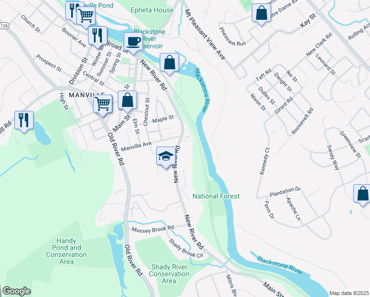 map of restaurants, bars, coffee shops, grocery stores, and more near 310 New River Road in Lincoln
