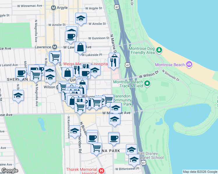 map of restaurants, bars, coffee shops, grocery stores, and more near 820 West Sunnyside Avenue in Chicago