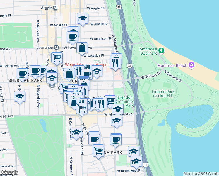 map of restaurants, bars, coffee shops, grocery stores, and more near 820 West Sunnyside Avenue in Chicago