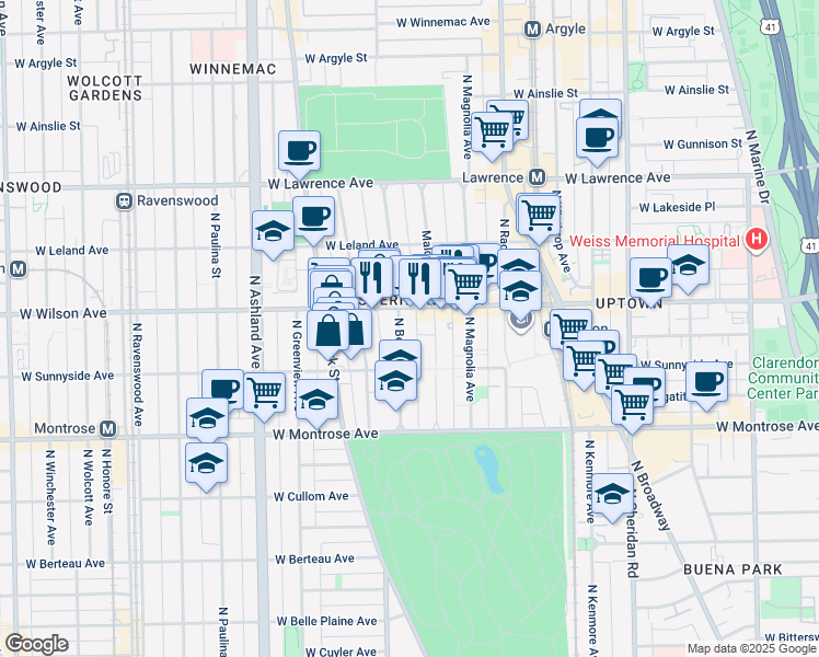 map of restaurants, bars, coffee shops, grocery stores, and more near 4512 North Malden Street in Chicago