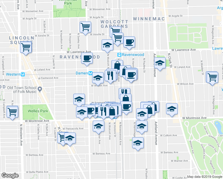 map of restaurants, bars, coffee shops, grocery stores, and more near 4510 North Ravenswood Avenue in Chicago