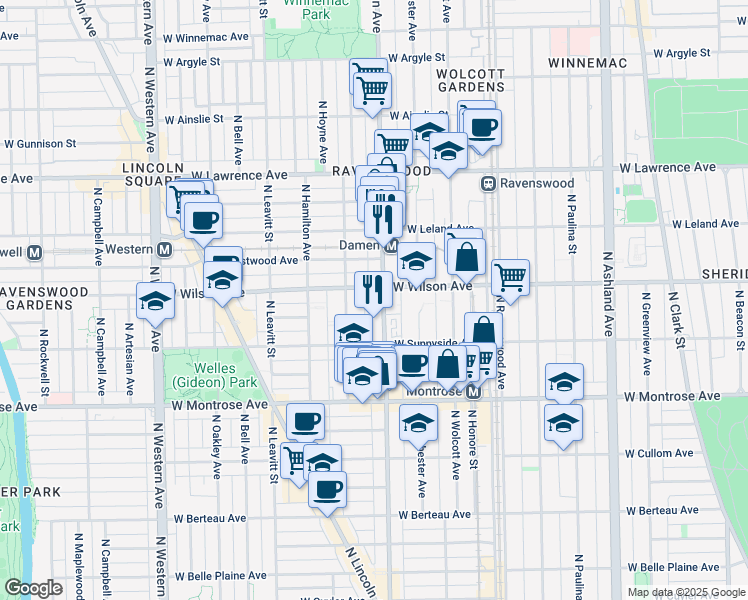 map of restaurants, bars, coffee shops, grocery stores, and more near 4526 North Damen Avenue in Chicago