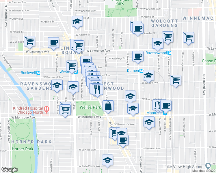 map of restaurants, bars, coffee shops, grocery stores, and more near 4522 North Leavitt Street in Chicago