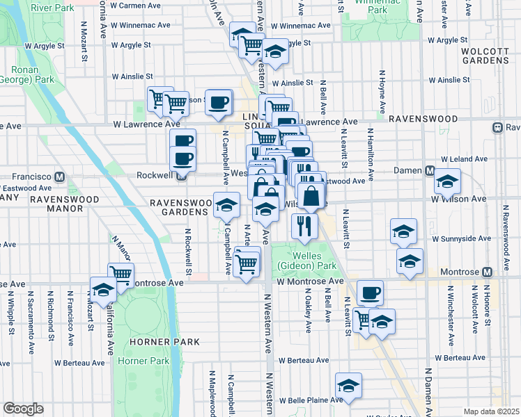 map of restaurants, bars, coffee shops, grocery stores, and more near 4529 North Western Avenue in Chicago