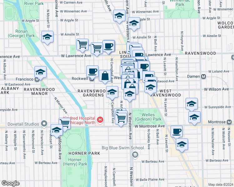 map of restaurants, bars, coffee shops, grocery stores, and more near 4531 North Artesian Avenue in Chicago