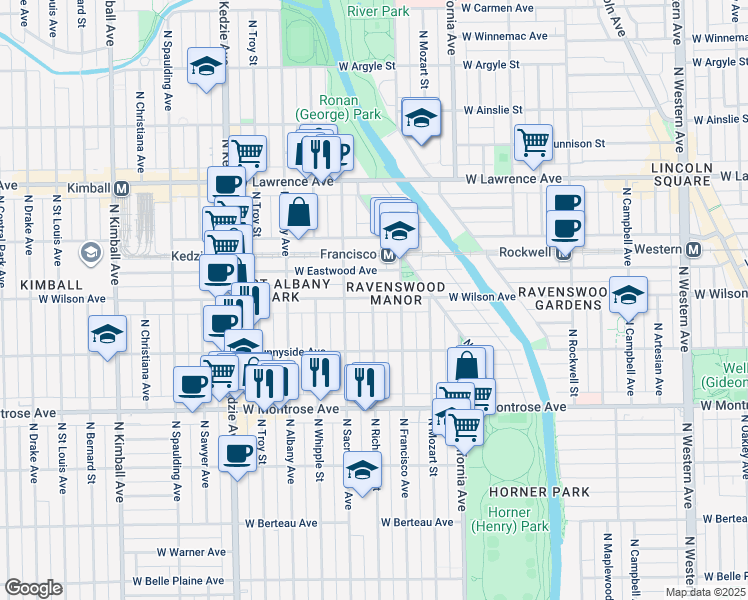 map of restaurants, bars, coffee shops, grocery stores, and more near 4533 North Richmond Street in Chicago