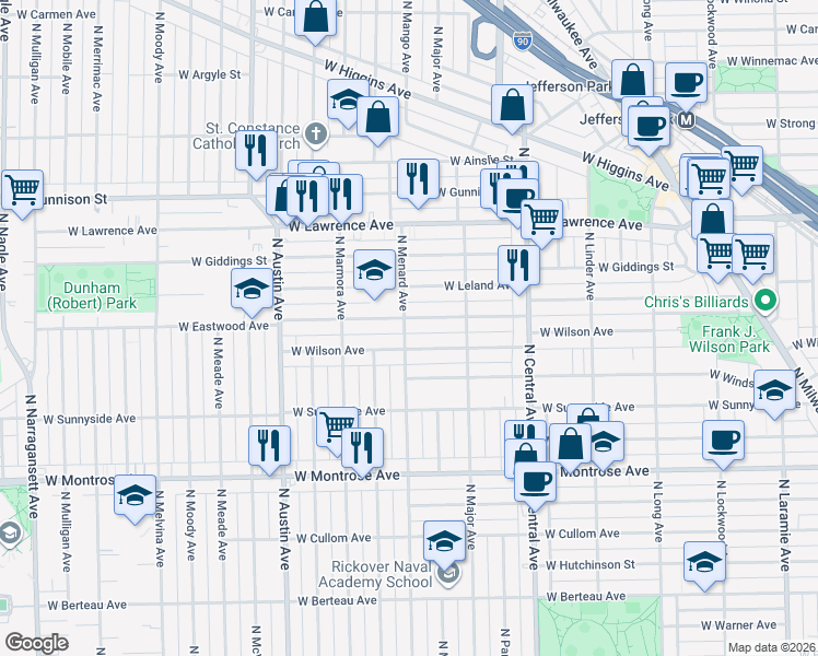 map of restaurants, bars, coffee shops, grocery stores, and more near 5805 West Wilson Avenue in Chicago