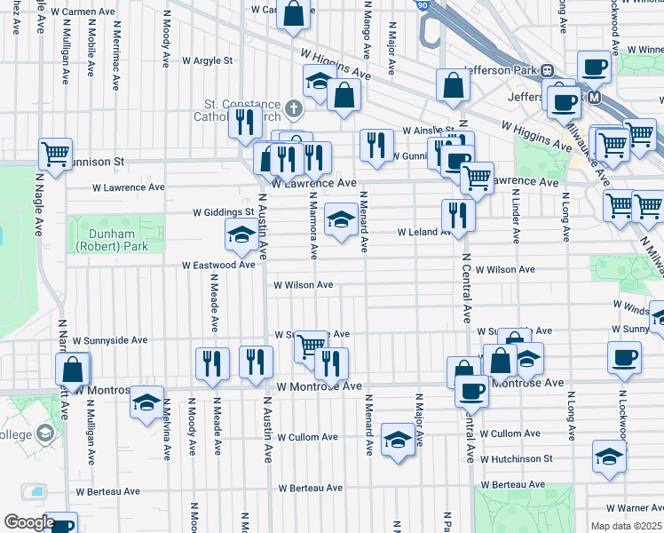 map of restaurants, bars, coffee shops, grocery stores, and more near 5843 West Wilson Avenue in Chicago