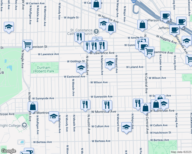 map of restaurants, bars, coffee shops, grocery stores, and more near 5917 West Wilson Avenue in Chicago