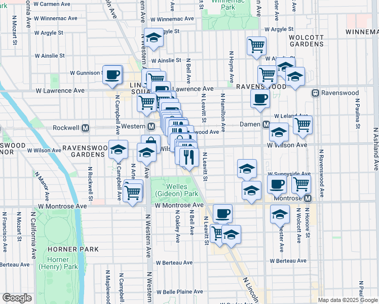 map of restaurants, bars, coffee shops, grocery stores, and more near 2233 West Wilson Avenue in Chicago