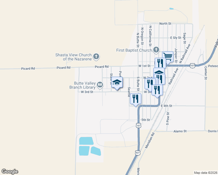 map of restaurants, bars, coffee shops, grocery stores, and more near 714-724 West 3rd Street in Dorris