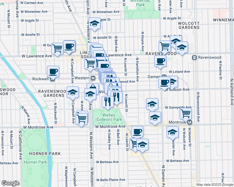 map of restaurants, bars, coffee shops, grocery stores, and more near 4528 North Lincoln Avenue in Chicago