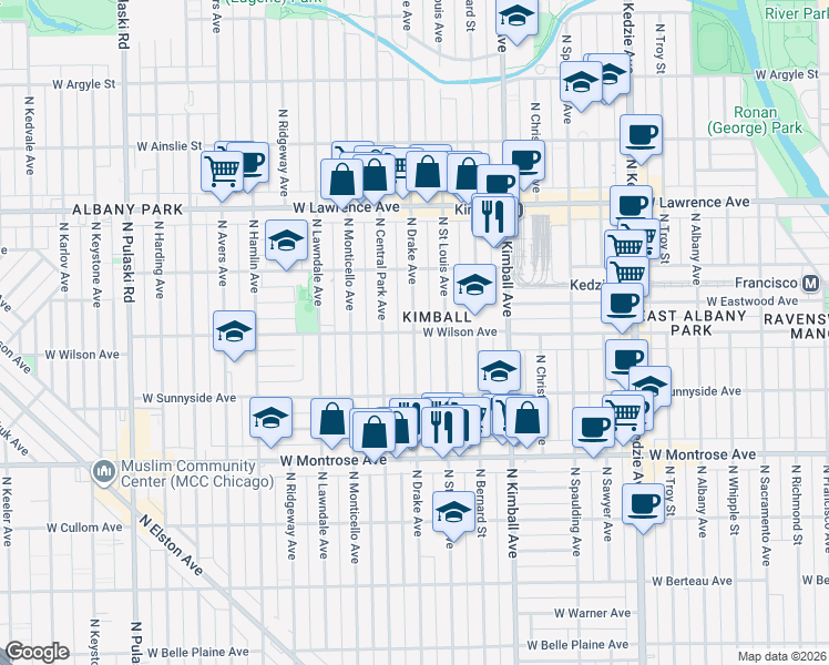 map of restaurants, bars, coffee shops, grocery stores, and more near W Wilson Ave & N Drake Ave in Chicago