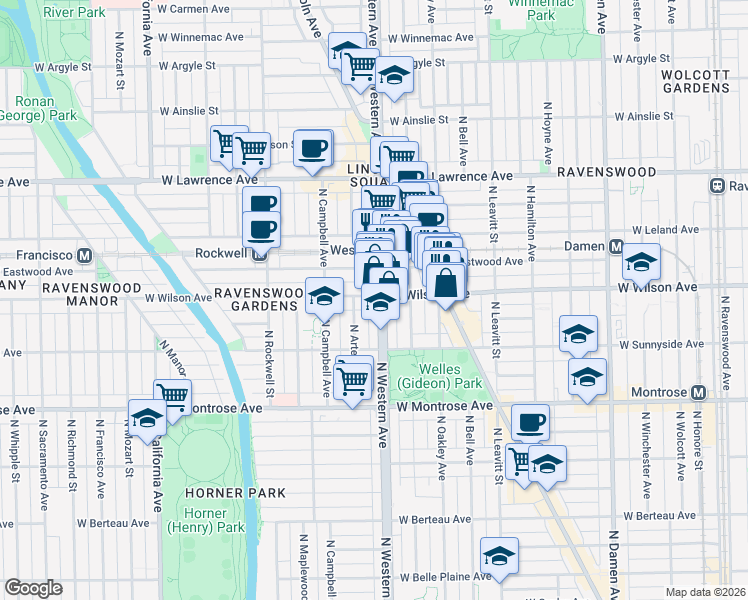 map of restaurants, bars, coffee shops, grocery stores, and more near 4529 North Western Avenue in Chicago