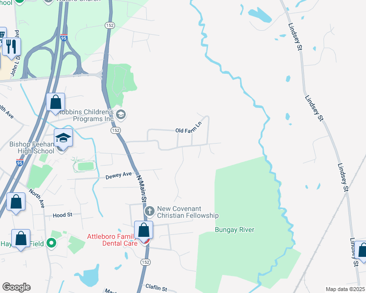 map of restaurants, bars, coffee shops, grocery stores, and more near 77 Wamsutta Rd in Attleboro