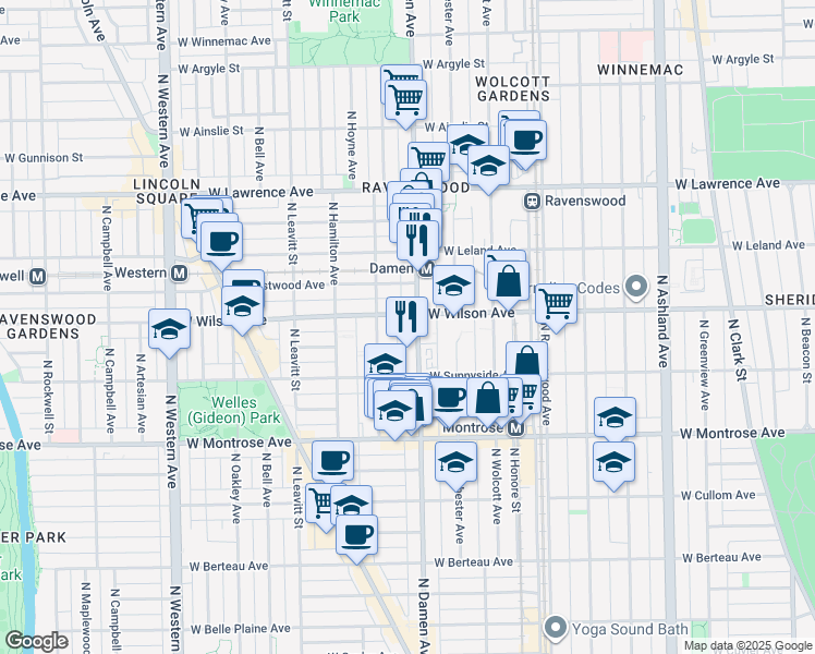 map of restaurants, bars, coffee shops, grocery stores, and more near 4526 North Damen Avenue in Chicago