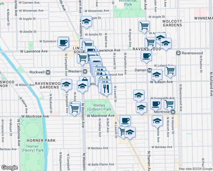 map of restaurants, bars, coffee shops, grocery stores, and more near 4528 North Lincoln Avenue in Chicago