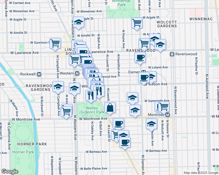 map of restaurants, bars, coffee shops, grocery stores, and more near 4522 North Leavitt Street in Chicago
