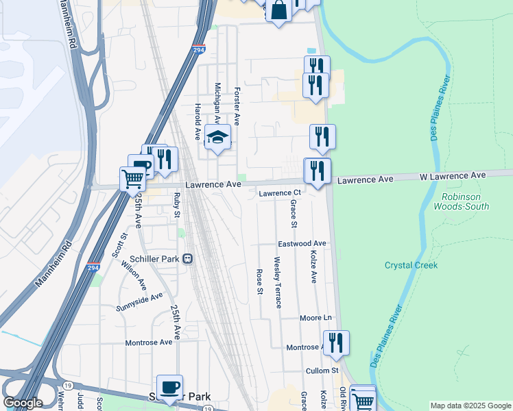 map of restaurants, bars, coffee shops, grocery stores, and more near 5220 Rose Street in Schiller Park