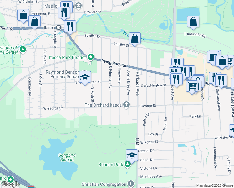 map of restaurants, bars, coffee shops, grocery stores, and more near 40 East Washington Street in Itasca