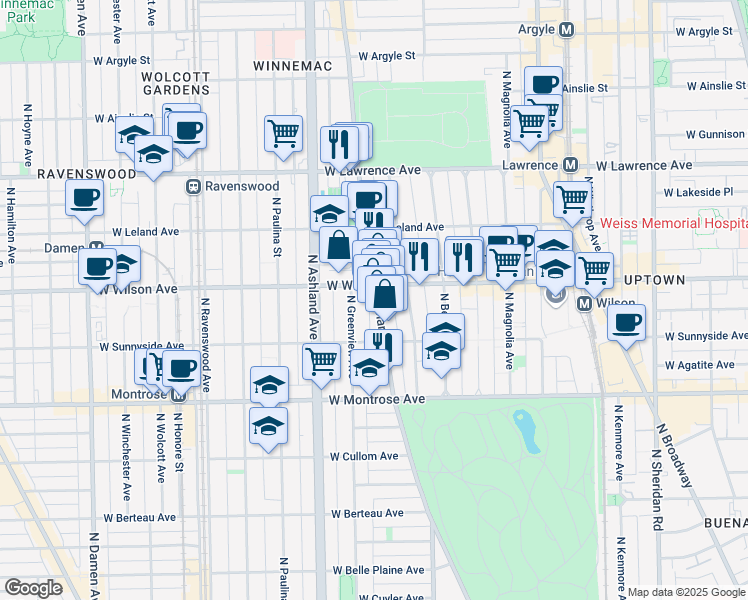 map of restaurants, bars, coffee shops, grocery stores, and more near 1456 West Wilson Avenue in Chicago