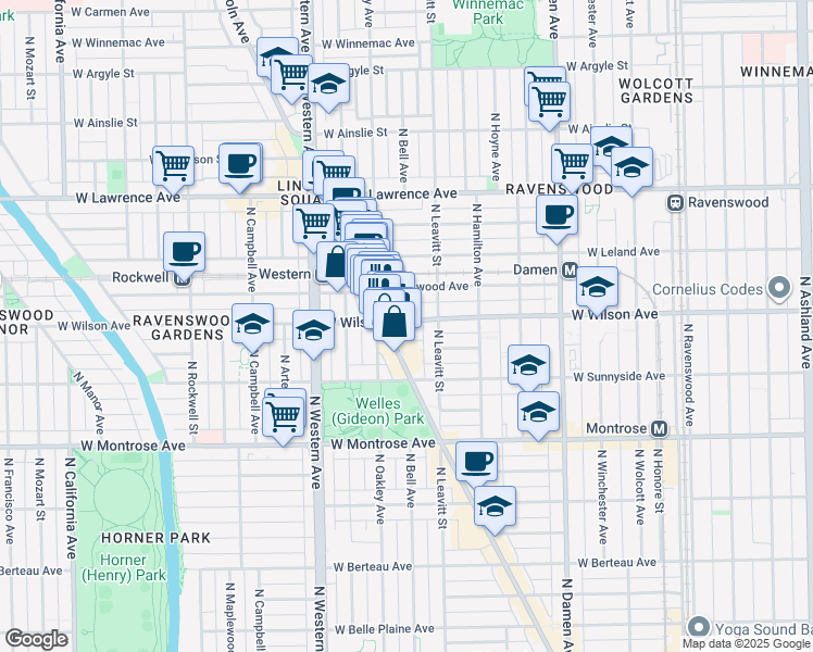 map of restaurants, bars, coffee shops, grocery stores, and more near 2229 West Wilson Avenue in Chicago