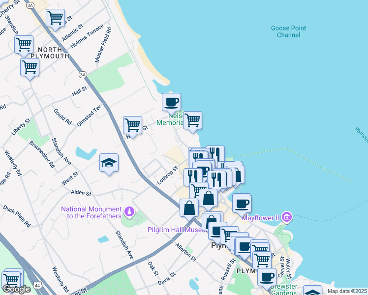 map of restaurants, bars, coffee shops, grocery stores, and more near 233 Water Street in Plymouth