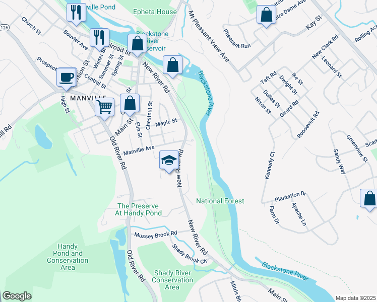 map of restaurants, bars, coffee shops, grocery stores, and more near 258 New River Road in Lincoln