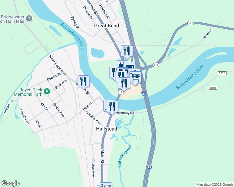 map of restaurants, bars, coffee shops, grocery stores, and more near 364 U.S. 11 in Hallstead