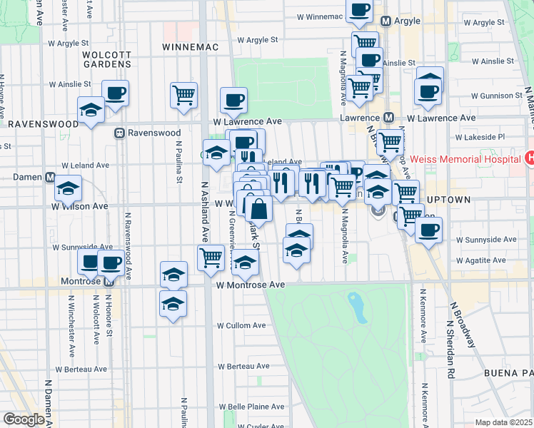 map of restaurants, bars, coffee shops, grocery stores, and more near 1410 West Wilson Avenue in Chicago
