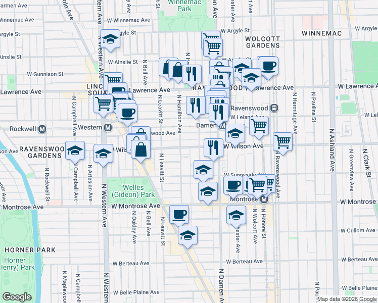map of restaurants, bars, coffee shops, grocery stores, and more near 2103 West Eastwood Avenue in Chicago