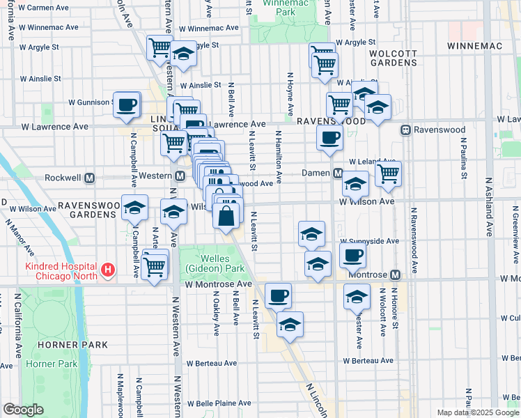 map of restaurants, bars, coffee shops, grocery stores, and more near 4612 North Leavitt Street in Chicago