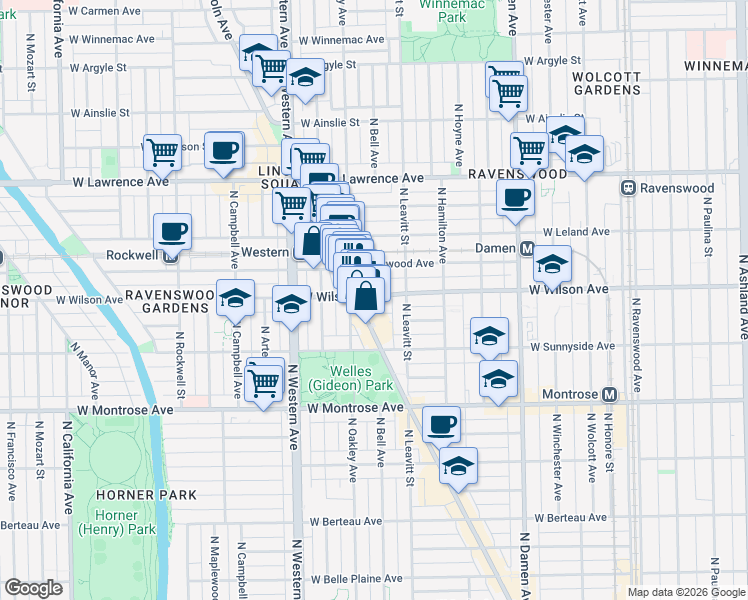 map of restaurants, bars, coffee shops, grocery stores, and more near 2237 West Eastwood Avenue in Chicago
